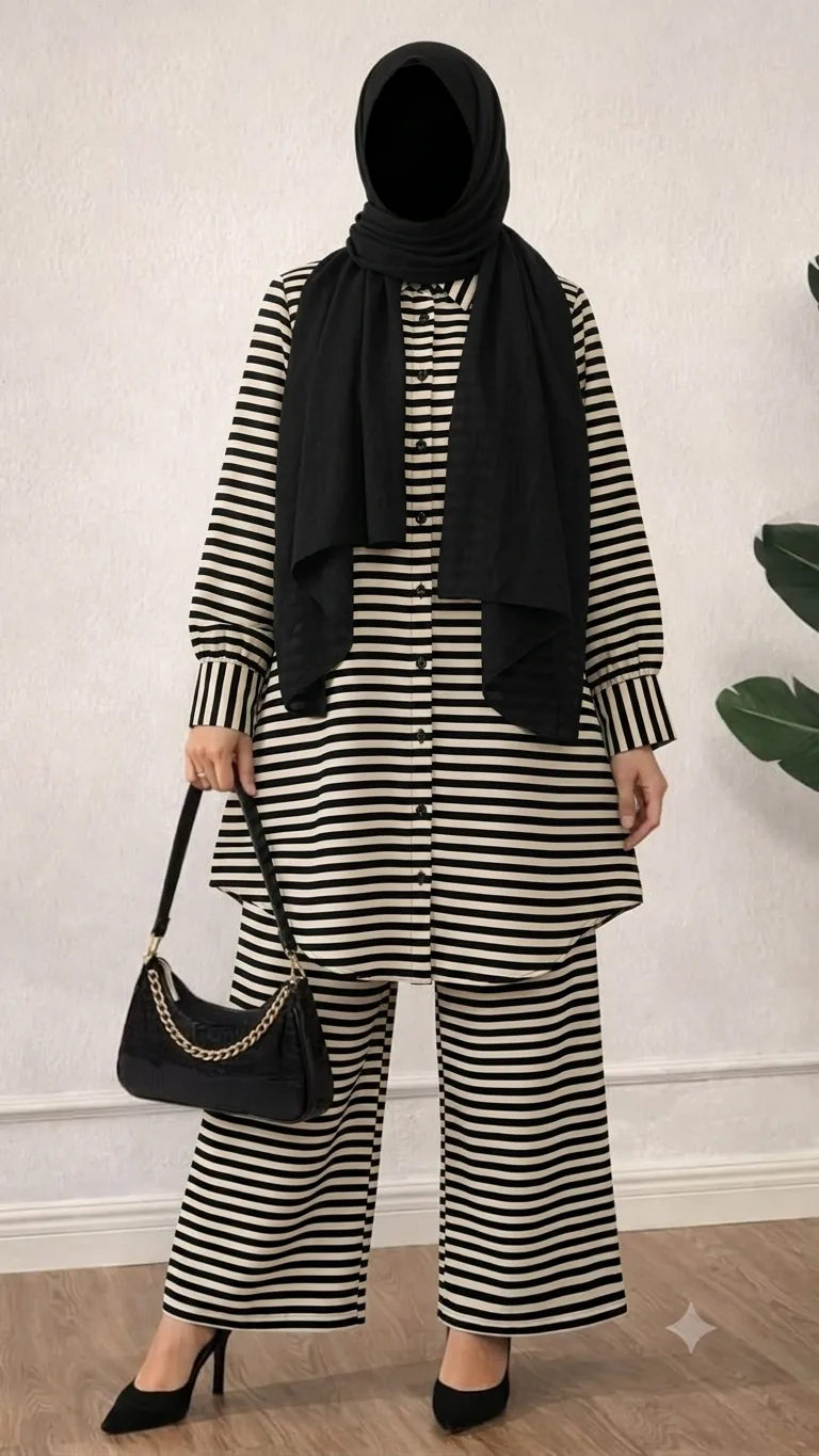 Black and Beige Striped 2-Piece Co-ord Set — view 1