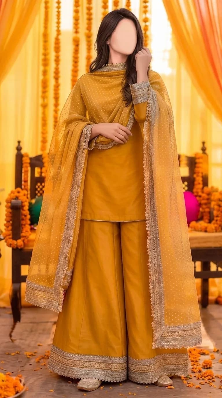 Mustard Yellow Embroidered Raw Silk Sharara Set — alternate view