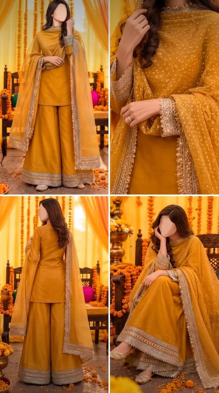 Mustard Yellow Embroidered Raw Silk Sharara Set — view 1