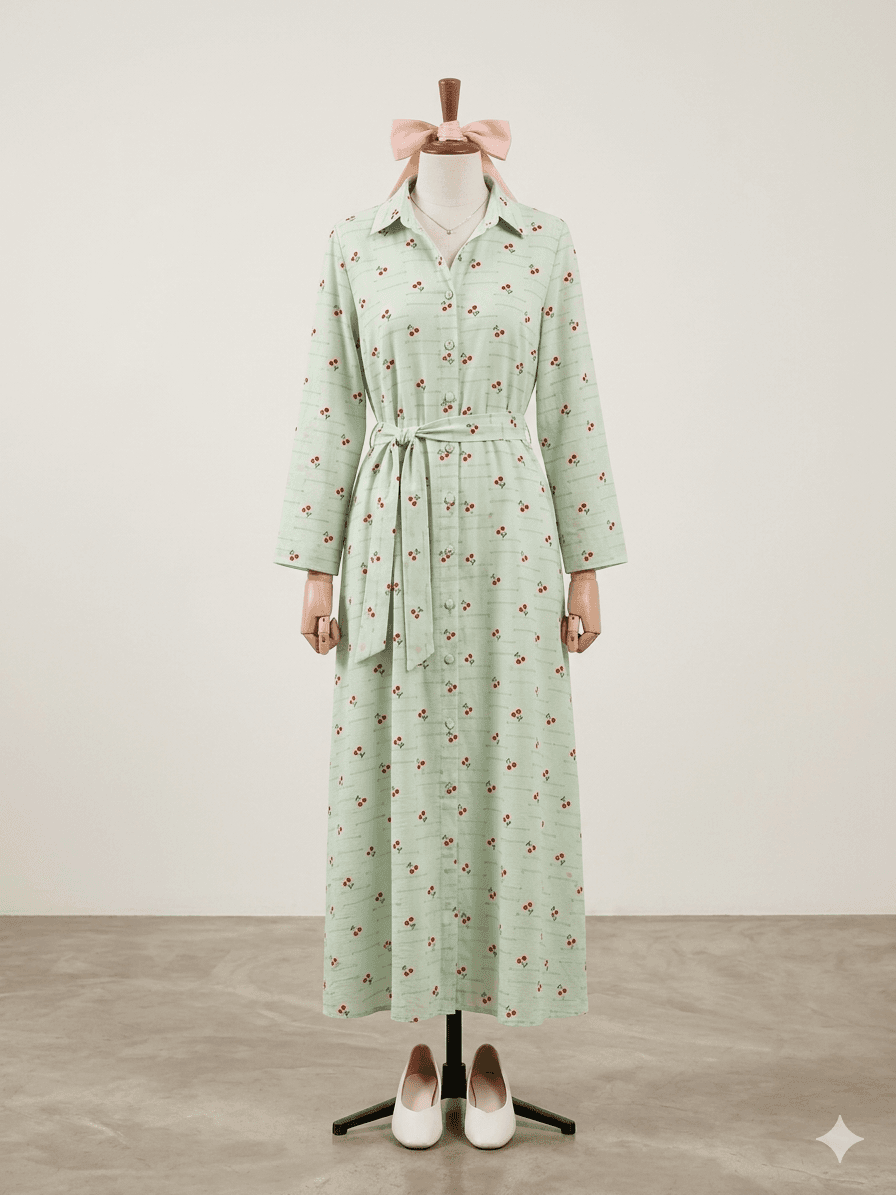 Pastel Cherry Print Shirt Dress