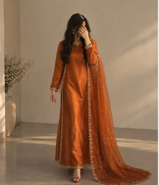 Rust Orange Silk Embellished Long Shirt Set